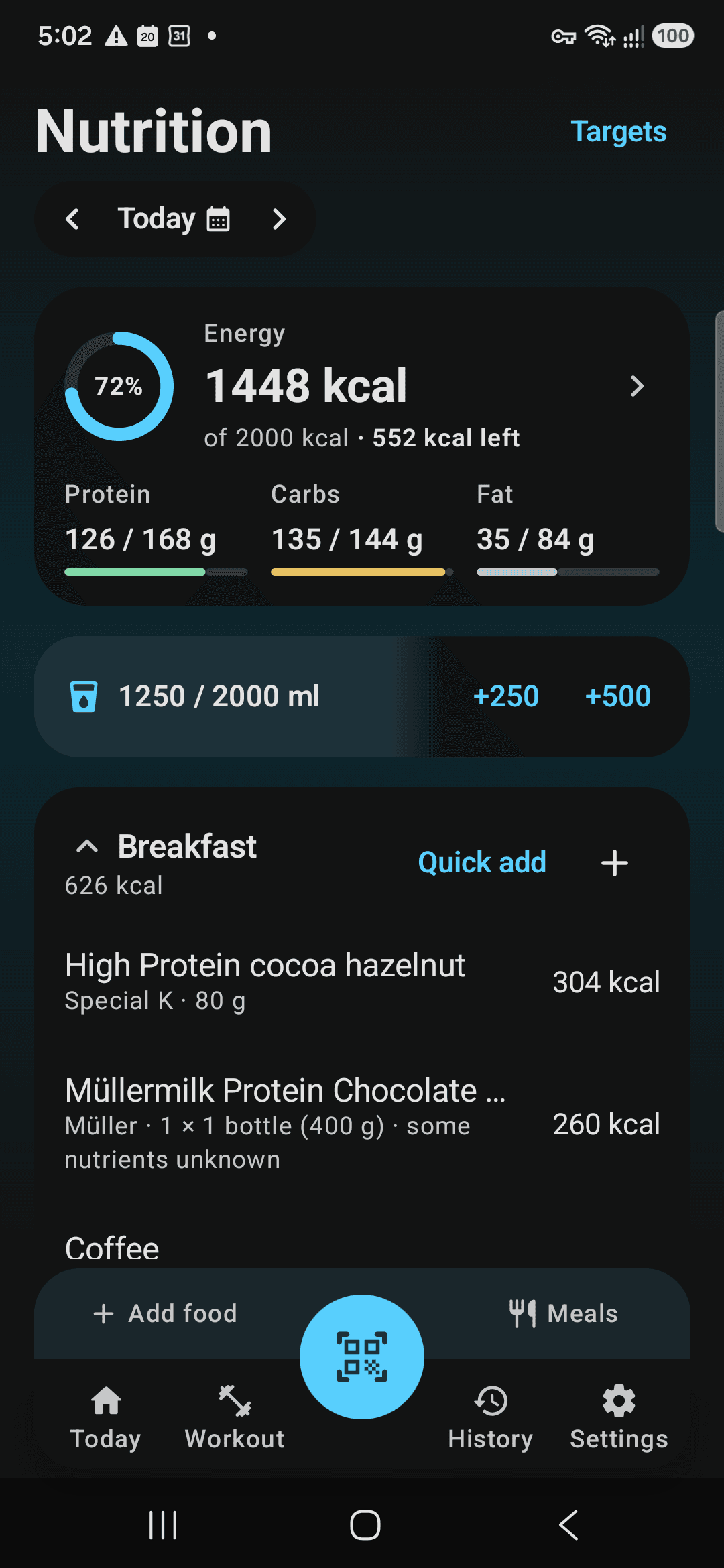 The Fitmeister Nutrition screen.