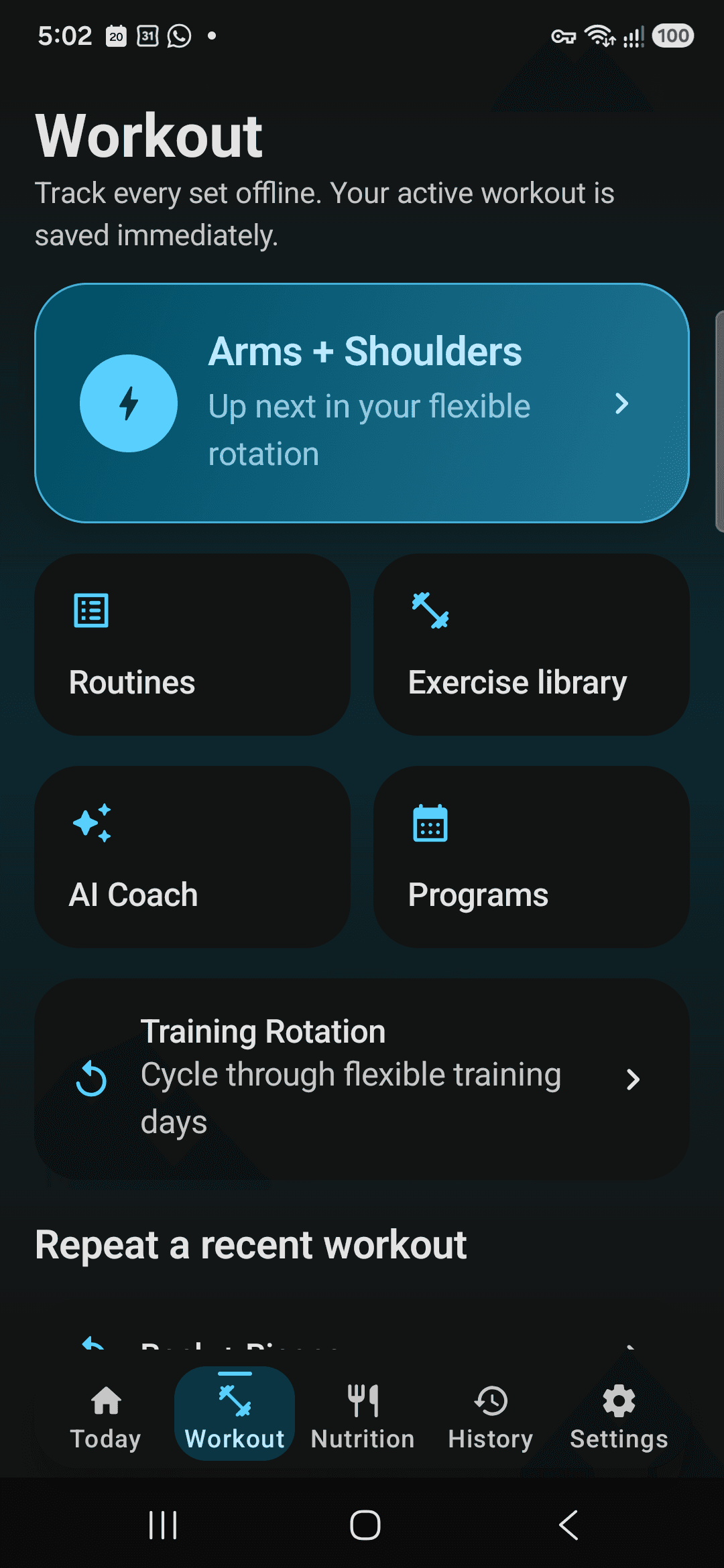 The Fitmeister Workout screen.