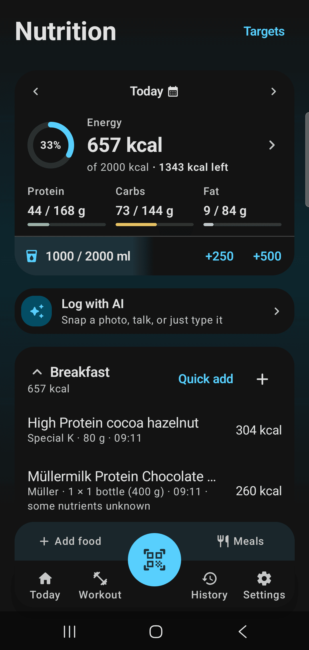The Fitmeister Nutrition screen.