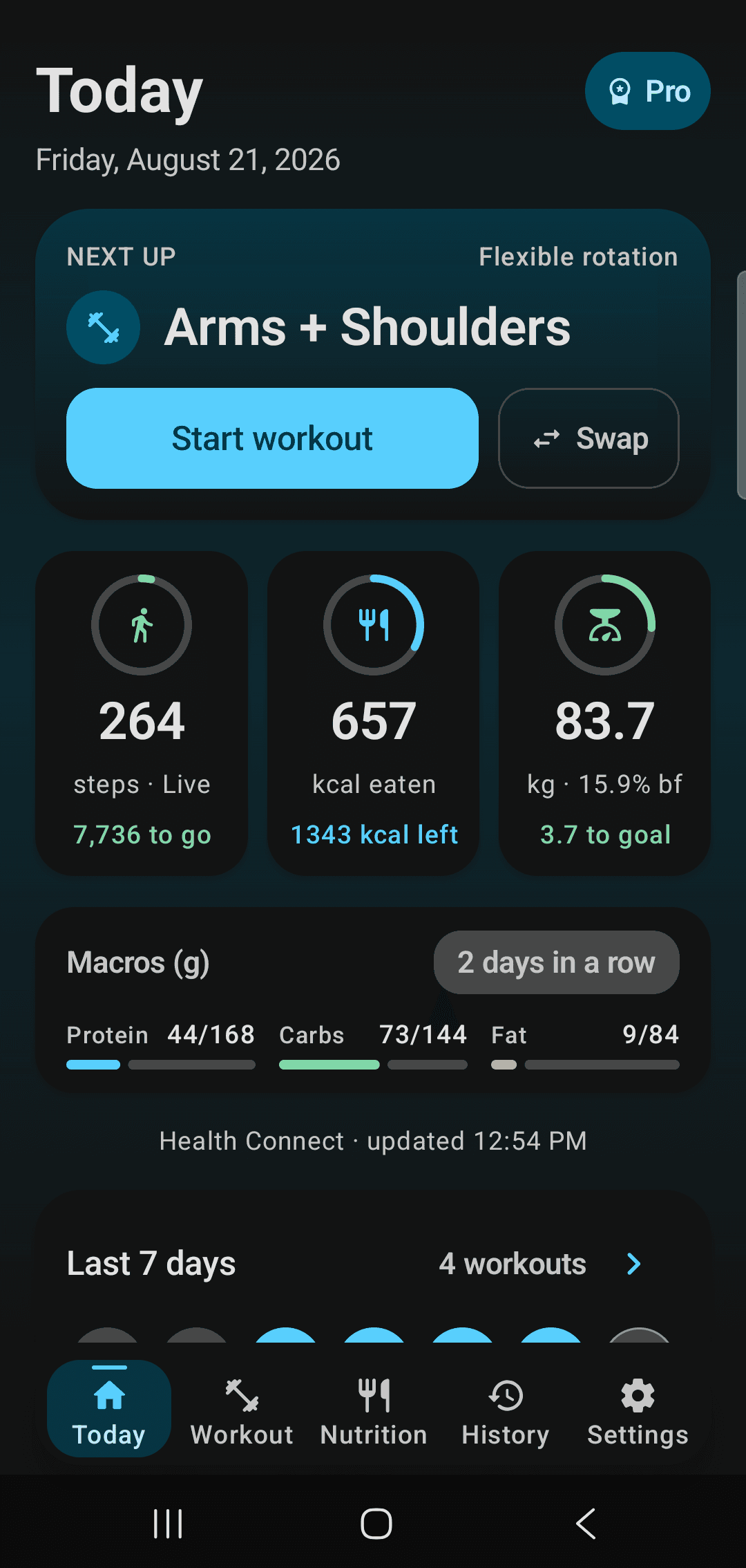 The Fitmeister Today screen showing daily steps, calories eaten, and body composition.