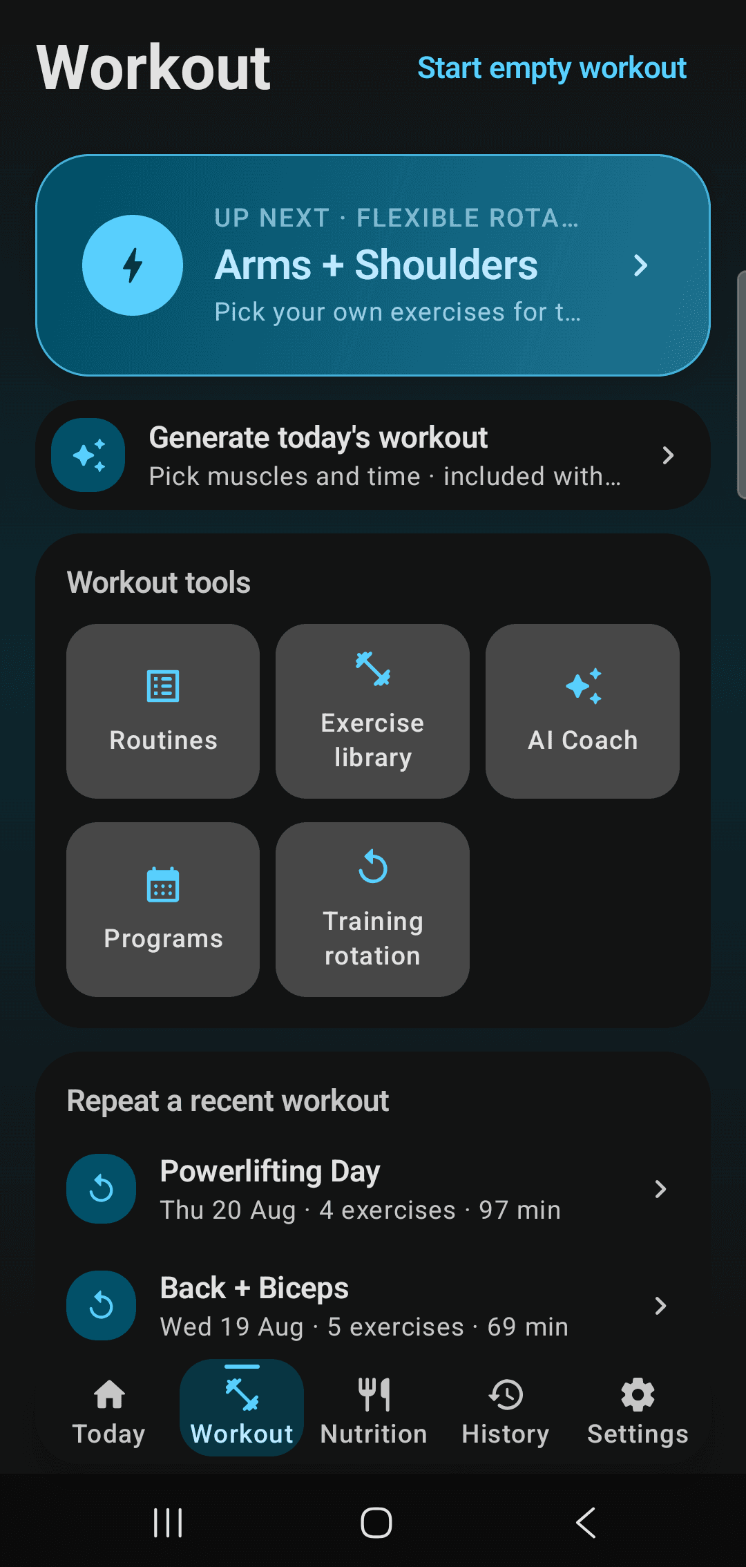 The Fitmeister Workout screen.